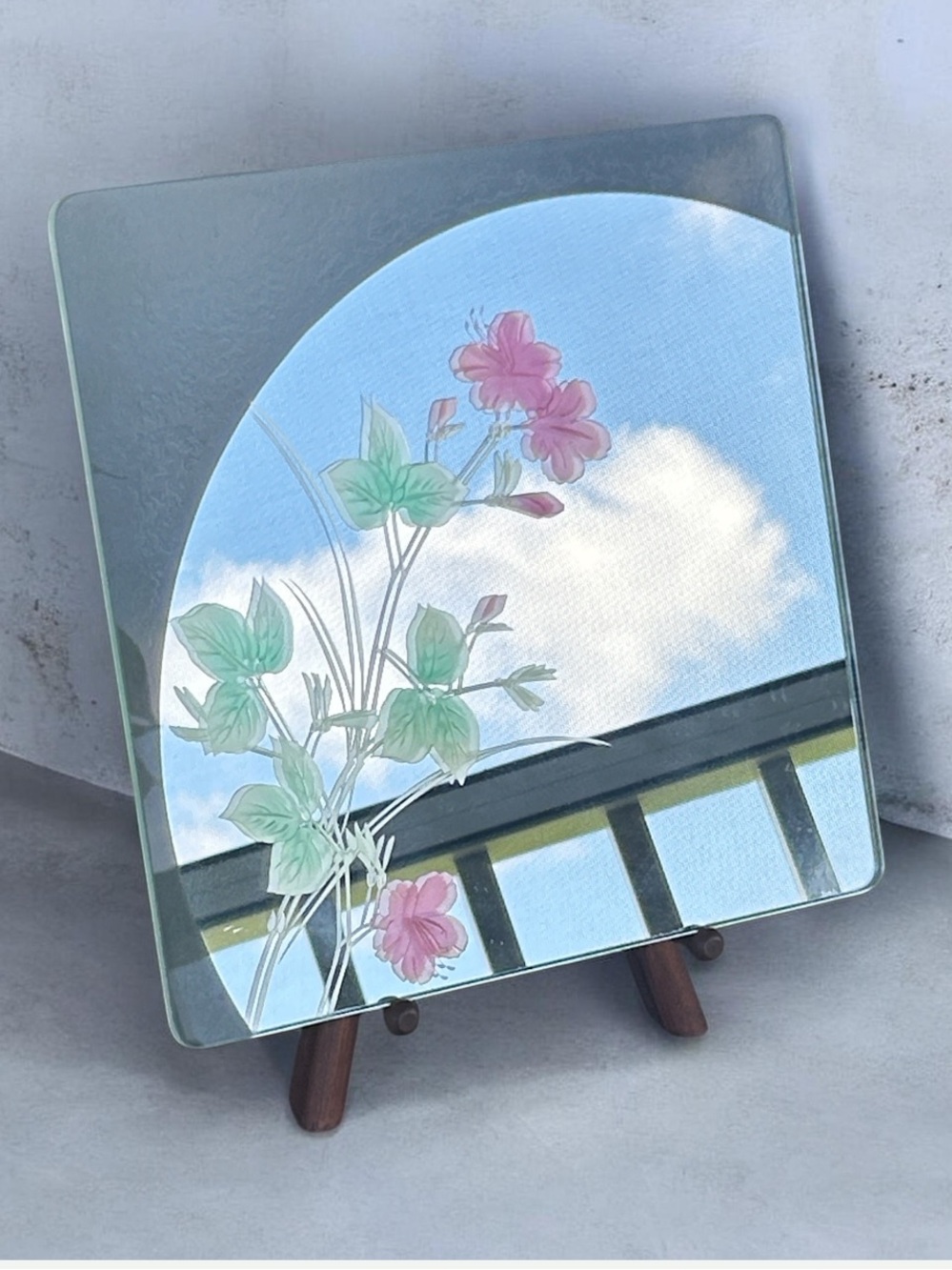 Vintage 1980’s 3D Fused Glass Floral Tabletop Mirror with Wood Easel